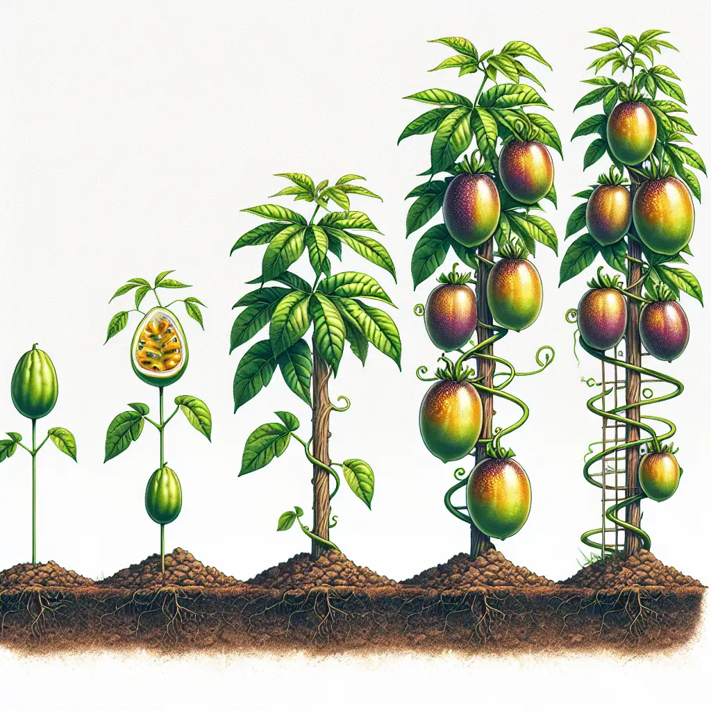 Generate an image perfect for an article on 'Maracuja', also known as Passion Fruit. Focus on the progression stages of its growth. Start from the sprouting of the maracuja seed in fertile soil with plenty of sunlight. Follow that with a depiction of a maracuja seedling growing into a vine wrapped around a supportive trellis. The final stage should depict a fully-grown maracuja plant, abundant with rich, ripe passion fruits hanging off the vines. Please remember to exclude any human figures, text, brand names, or logos from the image.