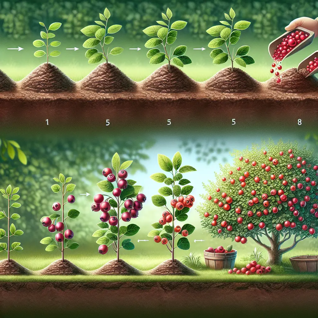 An image showcasing a step-by-step representation of growing and harvesting Juneberries. The first scene illustrates a set of healthy ready-to-plant Juneberry seeds on fertile soil. Moving forward, it shows a sprouting seedling growing into a robust Juneberry plant with mature fruit. The last scene depicts ripe Juneberries, lush and red, plucked from the tree using a generic harvest tool. All this is set within a tranquil outdoor setting, with greenery in the background. There are no people or text visible in the image and no brand names or logos included.