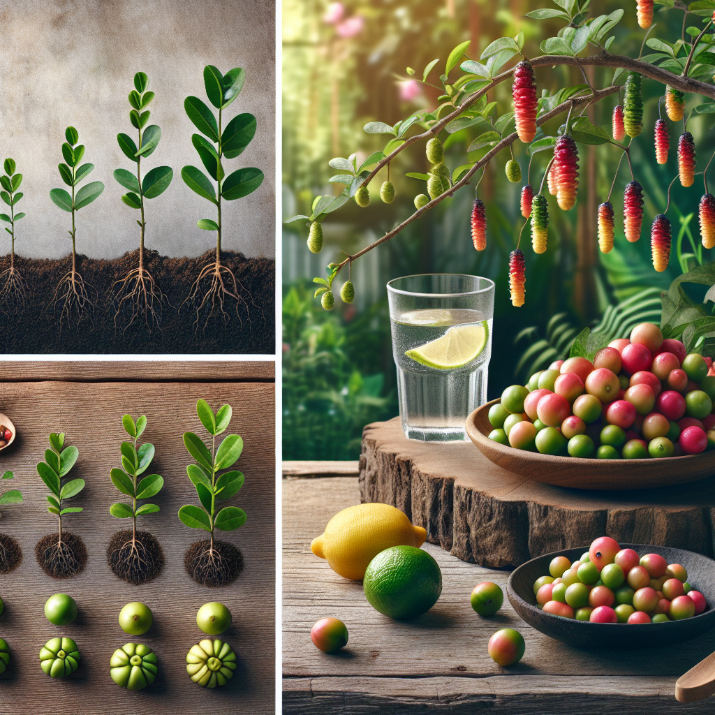 An image showcasing the cultivation process of Miracle Berries, showing from planting seeds to fully ripened fruit on the plant, in a serene garden setting. Also, include a separate scene featuring the enjoyment of its unique flavor, with a still life arrangement of the harvested berries on a rustic wooden table, next to a glass of water and an assortment of sour fruits like lemons and limes, with no humans involved. Make sure to exclude any brand names, logos, or text from the image and its items.