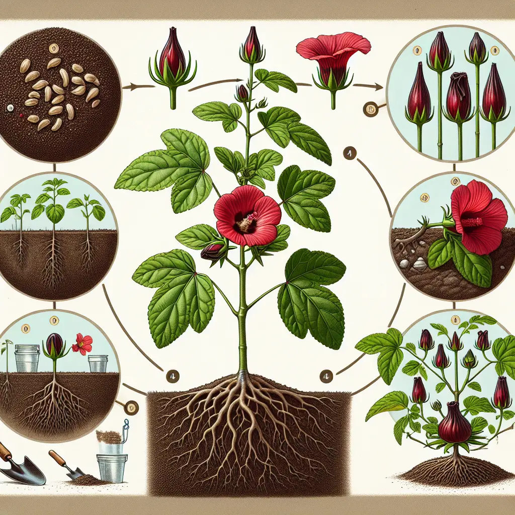 An educational image showcasing the life cycle of the Roselle plant, commonly known as the Hibiscus Tea Plant. From initial seed planting, to a seedling sprouting from the soil, to a fully mature plant with buds. Then, show the blooming stage with a bright red flower. The final stage should display the collection of calyces, the part used for tea. No hint of logos, brand names, or human interference. All stages are depicted organically in well-drained soil, ample sunlight, and occasional watering. Only gardening tools can lay next in the ambiance for a subtle hint of human interaction.