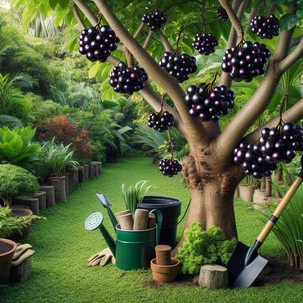 A lush green garden scene showcasing a mature Jaboticaba tree, laden with dark, grape-like fruits. The tree's bark is peculiar with a cauliflory growth habit where the fruits grow directly on the trunk. The garden is rich with other thriving subtropical plants and a sunny climate, as this is the perfect condition for Jaboticaba growth. Next to the Jaboticaba tree, there's gardening equipment like gloves, spade, watering can, and organic fertilizer, indicating the process of caring for the tree. Everything appears natural, with no humans, brands, logos, or physical texts in the scene.