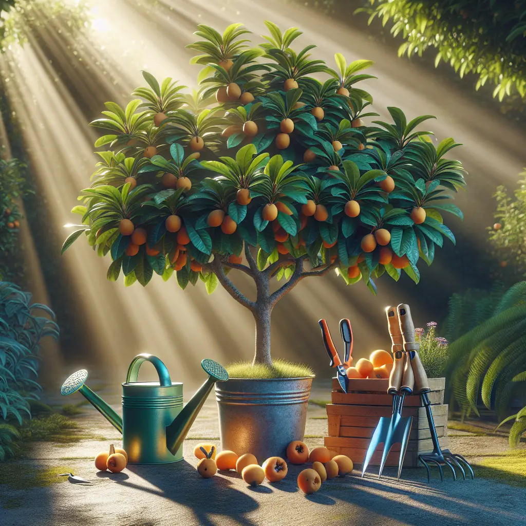 An image showing a well-maintained lush loquat tree in a garden setting during daytime. The tree is laden with ripe orange loquat fruits and the sun is casting dappled light across the scene. Essential gardening tools like a trowel, pruning shears, watering can, and a small ladder are placed nearby. All items are unbranded and have no text on them.
