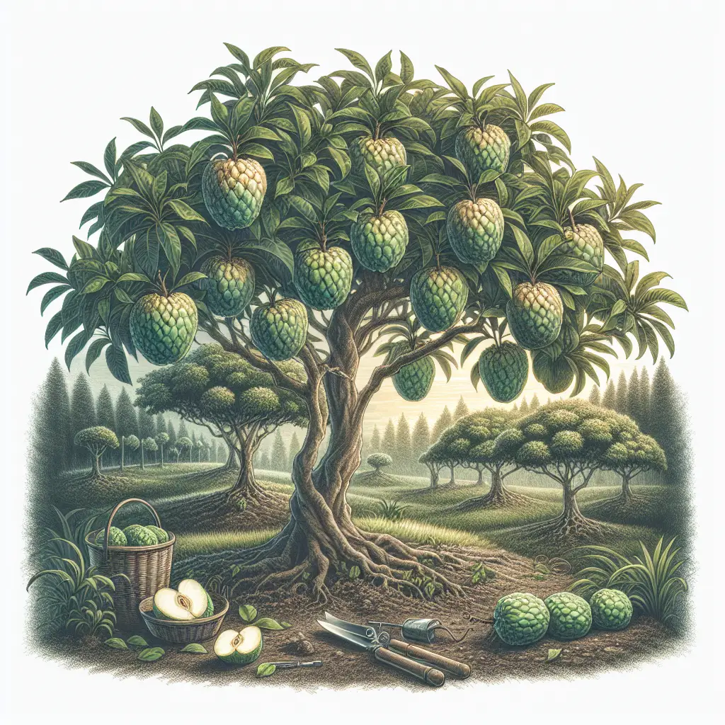 An exquisite illustration of a tranquil orchard, spotlighting a collection of custard apple trees. The trees stand tall and sturdily under the ambient sunlight, their branches gracefully bowing under the weight of the ripened, heart-shaped custard apples. The fruits have a greenish-yellow texture and the leaves exhibit a rich green hue. Careful attention has been paid to the gardening tools, including a pruner and a garden watering can, lying idle nearby. Soil around the trees appears fertile and well-tended, with a layer of mulch. Visualize the orchard to be without any human presence, logos or textual items.