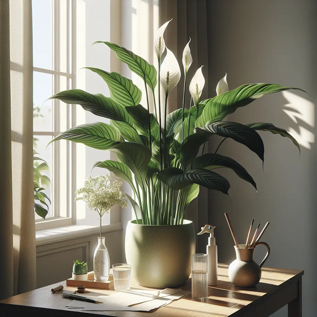 An indoor image showing a piece of decor: a luscious green peace lily plant (Spathiphyllum) in full bloom with its bright white flowers, surrounded by a tranquil environment. The plant is positioned on a simple table, with no brands or logos visible. Adjacent to it, hints of indoor care essentials like a small, unbranded watering can and a spray bottle lie, subtly indicating the care routine. Natural light streams in from an unbranded window, casting delicate shadows on the scene, showcasing a silent and serene solitude.