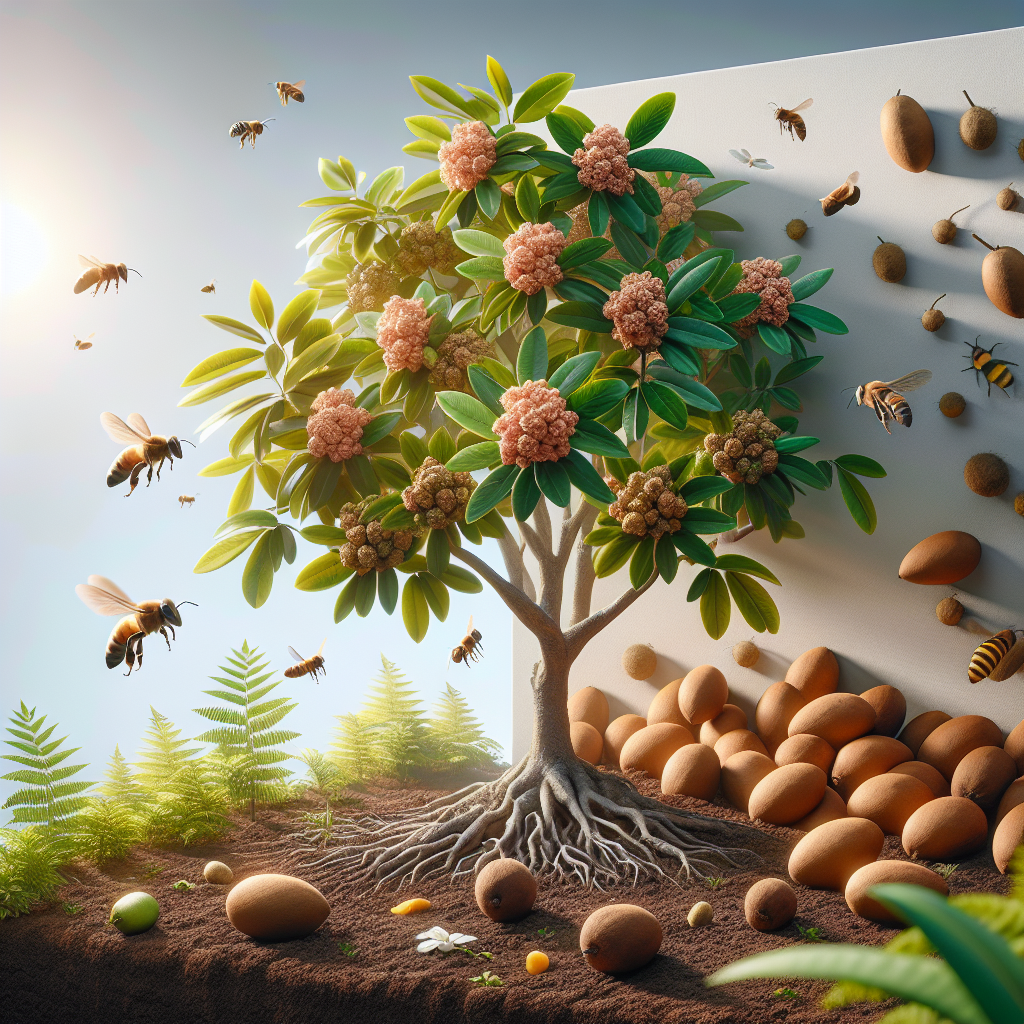 An immersive scene depicting the process of growing sapodilla. The scene starts with a sapodilla tree planted in fertile soil, with its leaves flourishing under the sunlight. Bees and butterflies can be seen hovering around the flowers. A few matured sapodilla fruits can be seen hanging,the tan-brown exterior hinting at the sweetness within. On one side of the image, there could be a neatly arranged pile of freshly harvested sapodilla, showcasing their unique shape and texture. All this portrayed in a vivid, lifelike manner, free of texts, brand names, logos, and human presence.