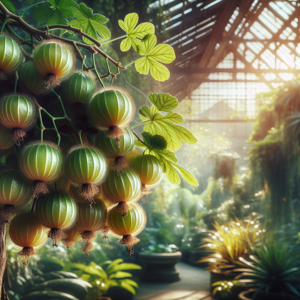 A close-up image showcasing the bounty of Ceylon Gooseberries. The tropical fruits exude an enticing luster under the soft rays of the sun. They hang heavily from verdant branches of the shrub, their bristly exterior inviting and intriguing. In the background, the environment of a tropical greenhouse provides a warm, humid backdrop, with various exotic plants filling the scene. There's a breath of the tropical wild, yet the polished care indicative of methodical cultivation. No text, people, brand names or logos are included in the image.