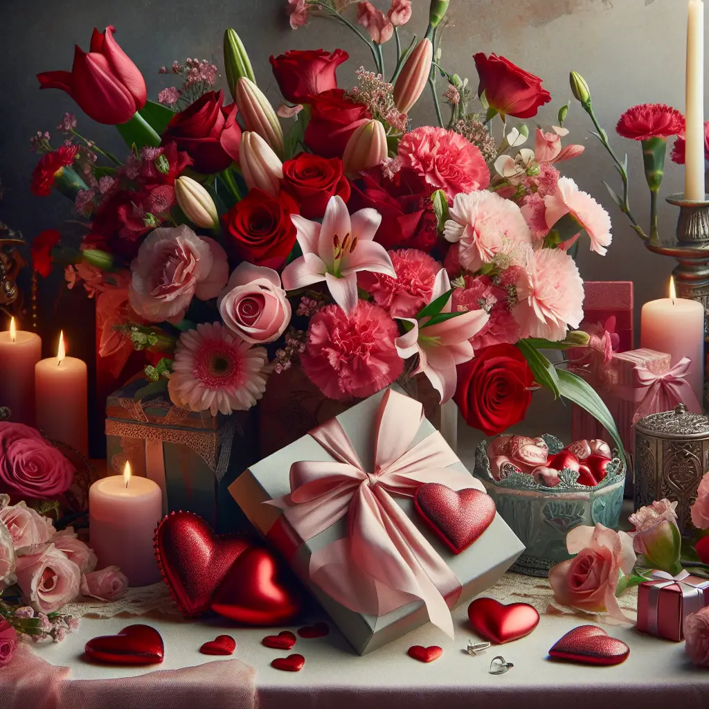 A still-life arrangement featuring a variety of perfect flowers for a romantic Valentine's Day surprise. The medley includes red roses, pink tulips, carnations, and lilies. Other elements are scattered lightly in the background that enhance the romantic ambiance, such as heart-shaped decorations, a beautifully wrapped gift box without logos or brand names, and ornate candles. Please ensure the image doesn't incorporate people, text on items, or any kind of textual content within the image.