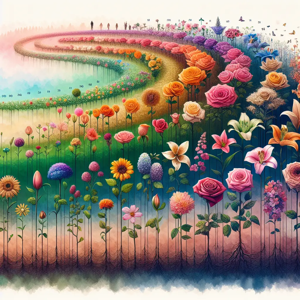 An expansive and delightful image illustrating various types of flowers that are traditionally associated with different anniversary milestones. Each flower should be vividly depicted in a gradient structure from seedling to full blossom, symbolizing the growth of a relationship over time. The image should capture the evolution of love, displayed through the diversity of blooms. The flora must range from classic roses and daisies to exotic orchids and lilies, representing each milestone with a unique color palette. The background should be a soft watercolor style landscape, giving a sense of nature, serenity, and time passing. No people, brand names, logos or text should be included in the image.