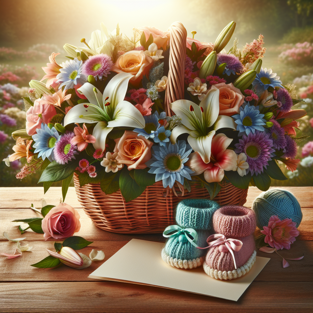 A heartwarming scene with an array of vibrant flowers including lilies, roses, daisies, celebrated in no specific country, in the center of a beautiful garden. The flowers are arranged beautifully in a handcrafted wicker basket with details like a pair of small, soft-looking booties knit from pastel blue and pastel pink yarn resting amid the blooms. Beside the basket, there is an open, yet empty card where words are usually written. The entire scene is illuminated by a soft, warm light suggesting a joyful celebration, yet no brand names, logos or textual elements are present.