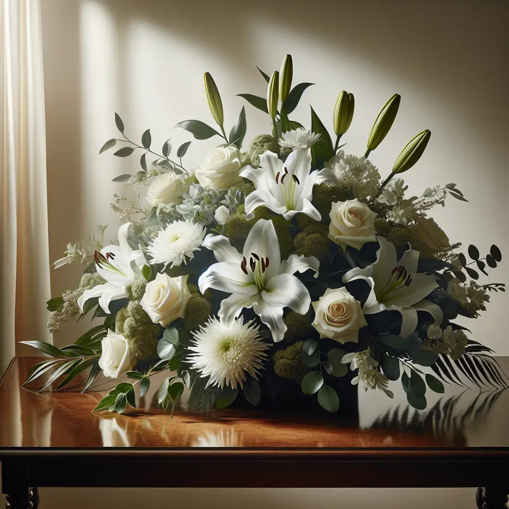 A refined arrangement of sympathy flowers: a variety of elegantly placed white lilies, chrysanthemums and roses, with sprigs of green foliage adding contras,t on a polished mahogany table. The soft, diffused light from a nearby window casts gentle shadows, while a cream-coloured backdrop complements the array of flowers. The subtle play of light and shadow adds depth to the image, enhancing the serene and peaceful ambiance of the scene. There are no people, brand names, or text present in the frame.