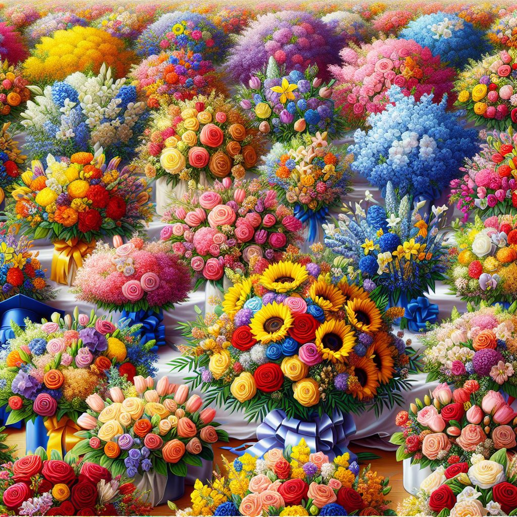 A vivid scene featuring an abundance of bouquets, showcasing the perfect emblems of academic accomplishment. These bouquets encompass a variety of floral species, such as blooming roses, radiant sunflowers, delicate tulips, and elegant orchids. The assorted bouquets are elegantly arranged, with no human presence in the scene. The spectrum of colors represented on the flowers ranges from vibrant yellows to deep blues, sparkling pinks, and sober whites. The scene is devoid of any form of textual representation, whether on items or otherwise, with the simple aim of commemorating the esteemed rite of graduation through the timeless beauty of flowers.