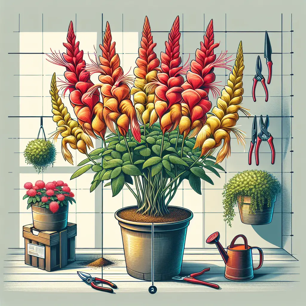An indoor gardening scene featuring a healthy shrimp plant. Its unique blossoms are bursting with vibrant color, perhaps of red or yellow hue, reminiscent of the shape and color of shrimp. The plant is being cared for in a well-lit environment, likely near a window. Detailed depiction of various gardening tools used for indoor care kept nearby, such as pruning shears, a watering can, and a bag of soil. No text, people, brand names, or logos are present.