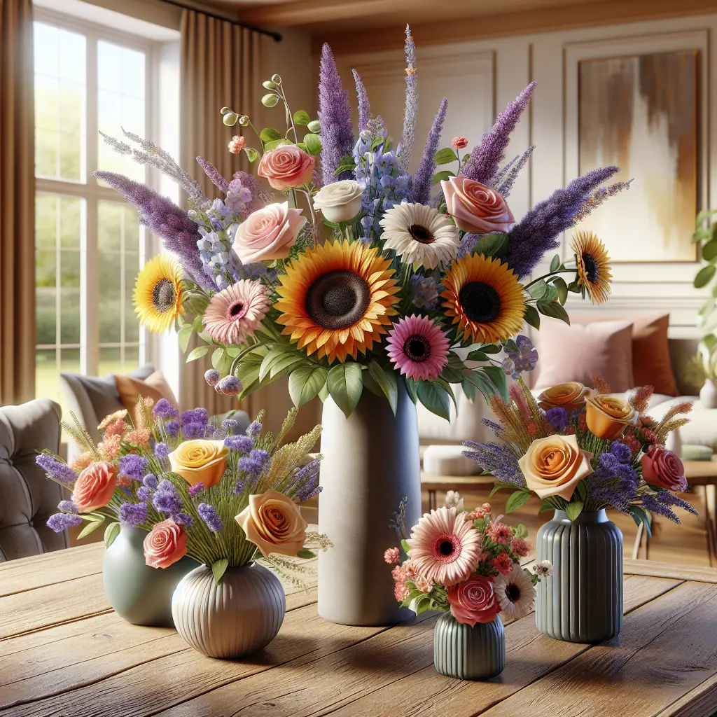 An assortment of welcoming flowers arranged in stylish, chic vases on a rustic wooden table. The flowers include vibrant sunflowers, calming lavender, bright gerbera daisies, lush roses, and cheerful tulips. Each flower represents different housewarming message: new beginnings, friendship, love, and cheer. The scene is set in a warmly lit room of a new, modern house, with neutral but stylish furniture and decor softly blurred in the background. Large windows reveal a peaceful garden view. The arrangement is positioned as if it's ready to be gifted for a housewarming occasion. No text, brand names, logos, or people are present.