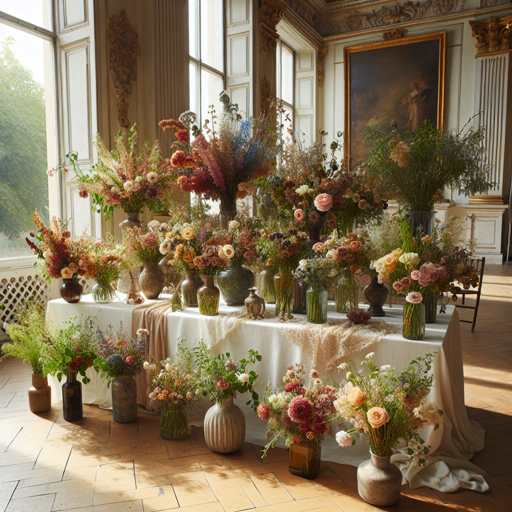 An array of a number of different flower arrangements, aptly suited for a retirement party. Enhance the ambiance with an array of colorful blooming flowers, from roses to tulips, each delicately arrayed in rustic, vintage vases, forming an eclectic mix. Use earthy tones, greens, and pastels to give the composition a serene, calm atmosphere. Add a touch of sophistication with a white linen tablecloth beneath the vases, adorned with vintage lace. A room with classical architecture, large windows, and sunlight filtering in over the flowers can provide the backdrop. Ensure there are no people, text, logos or brands in the frame.