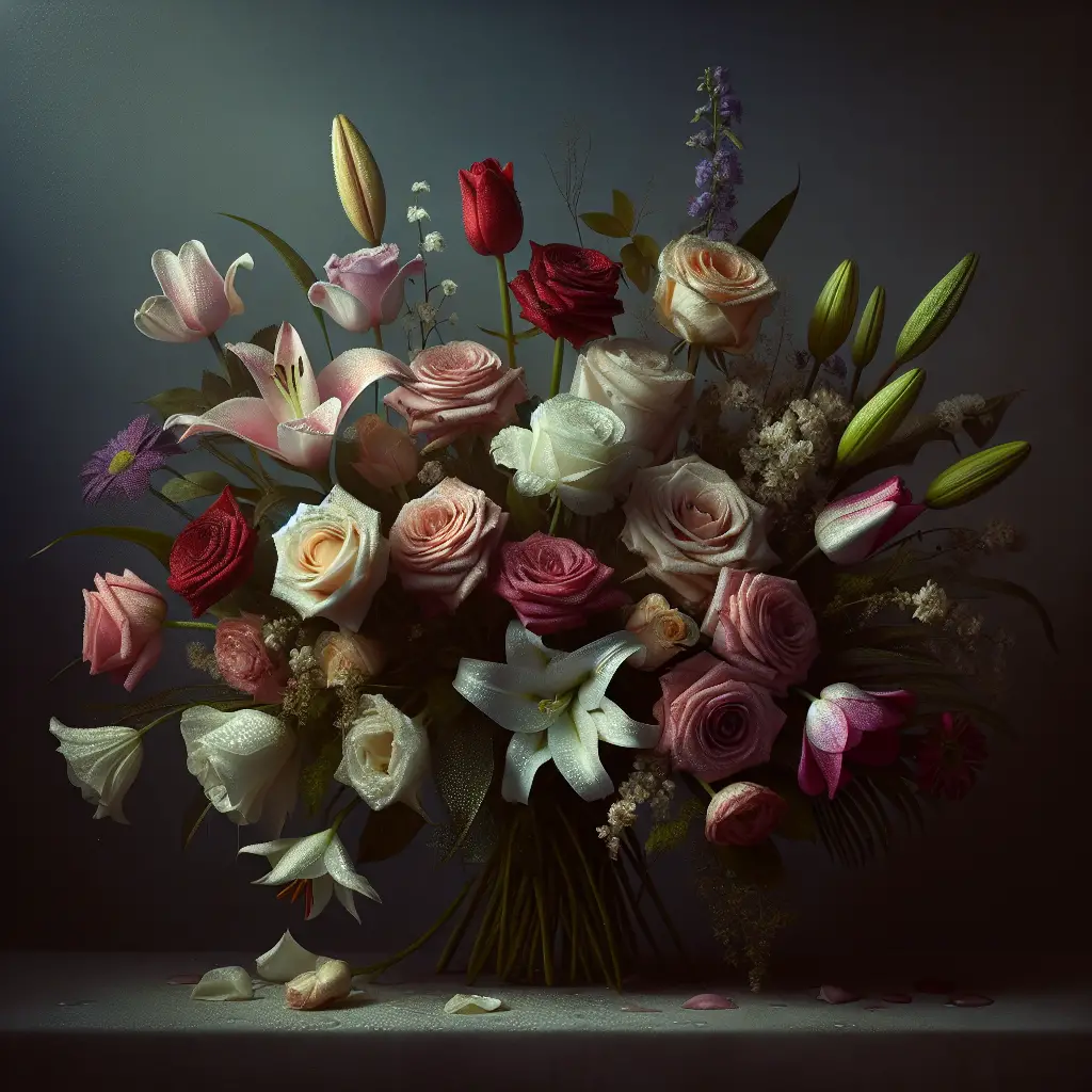 A deeply emotional still-life scene of various flowers typically used in apology bouquets. There are roses, tulips, and lilies in different stages of bloom indicating an array of emotions. Their colors range from soft whites and pinks to heartfelt reds. The flowers are set against a simple background, undistracted by text or human figures. The scene captures the silent elegance, beauty, and tender remorse typically associated with 'Apology Flowers'. Dew drops fresh on the flowers add a sense of sincerity to the scene, without any brands or logos in sight.