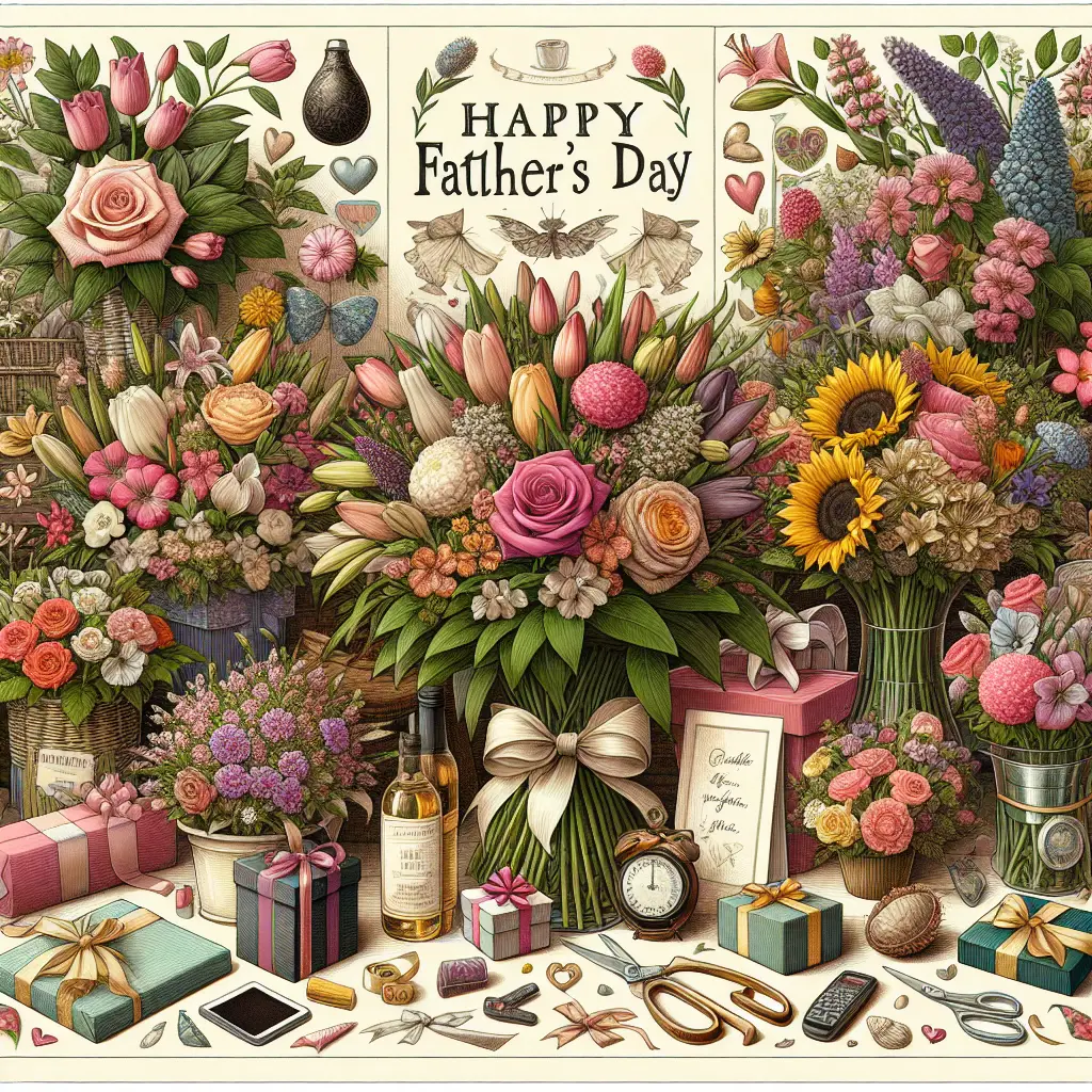 A detailed illustration capturing the essence of Father's Day and showcasing the act of selecting the perfect floral gift. The image focuses on an array of exquisite flowers arranged in differing ways for a perfect gift: potted plants, cut flowers in vases, and mixed flower bouquets. Varieties of flowers include roses, tulips, lilies, and sunflowers each providing a colorful spectacle. Accessories such as ribbons, greeting cards, and wrapping paper add a touch of celebration. The background subtly incorporates elements symbolic of fatherhood adding a personal touch. The image entirely void of textual elements, people, brand names, and logos.