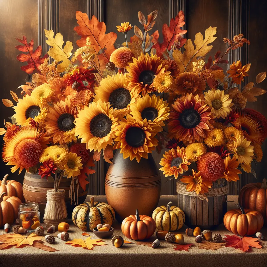 A warm autumn scene containing a variety of Thanksgiving-themed flower arrangements. The centerpieces are primarily dominated by radiant hues of yellows, oranges, and reds, symbolizing gratitude and warmth. There are sunflowers, chrysanthemums, and daisies, alongside some autumn leaves artfully arranged in rustic vases. Scattered around the arrangements are small pumpkins and acorns, incorporating the spirit of the Thanksgiving season. All of this is displayed on an oak wood table. The overall ambiance exudes a sense of harvest, abundance and thankfulness. Remember, there are no humans, brands, or written text in this image.