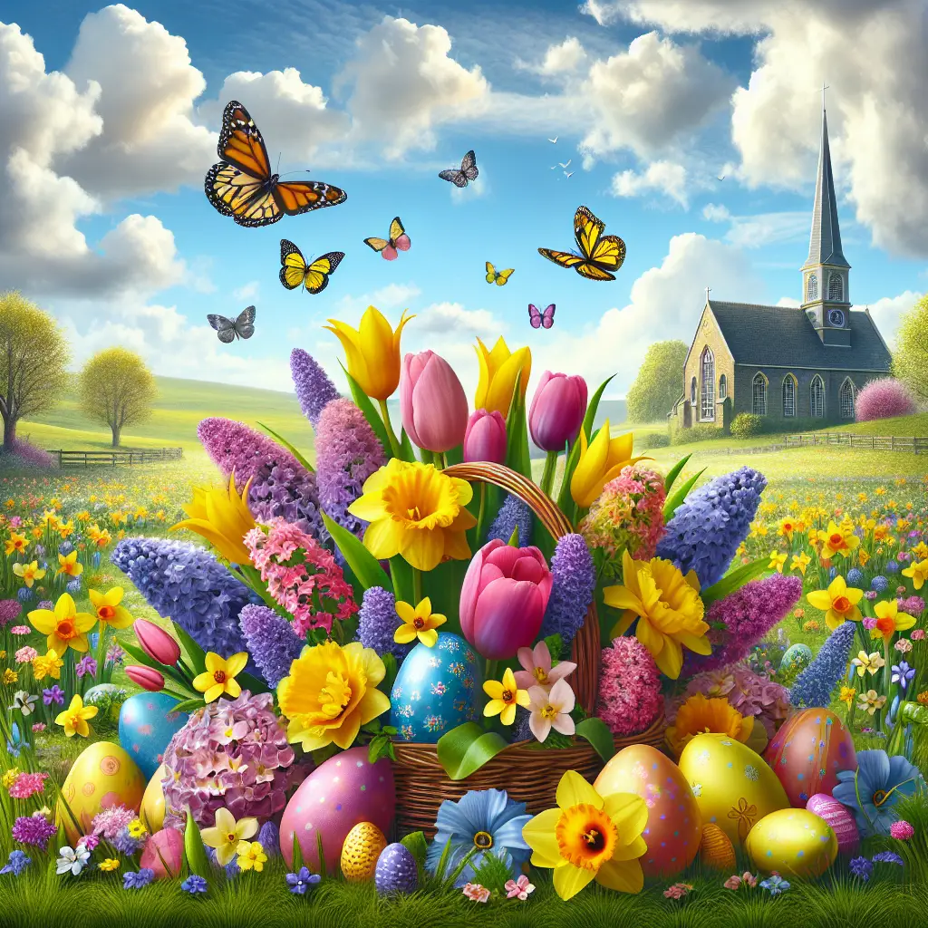 A vibrant and lively scene to celebrate Easter and the beginning of spring. The main focus is on an array of fresh flowers in stunning yellows, purples, and pinks, embodying the vibrant colors of spring. These flowers include tulips, daffodils, and hyacinths, arranged in an easter basket. Butterflies of multiple colors flutter around the flowers, accentuating the sense of springtime. Patchy clouds float in the crystal blue sky, casting soft shadows on a lush verdant field. Also visible in the background is a traditional country church with a tall steeple reaching towards the cloudless portions of the sky. The scene is devoid of people and text to focus purely on the serene natural environment.