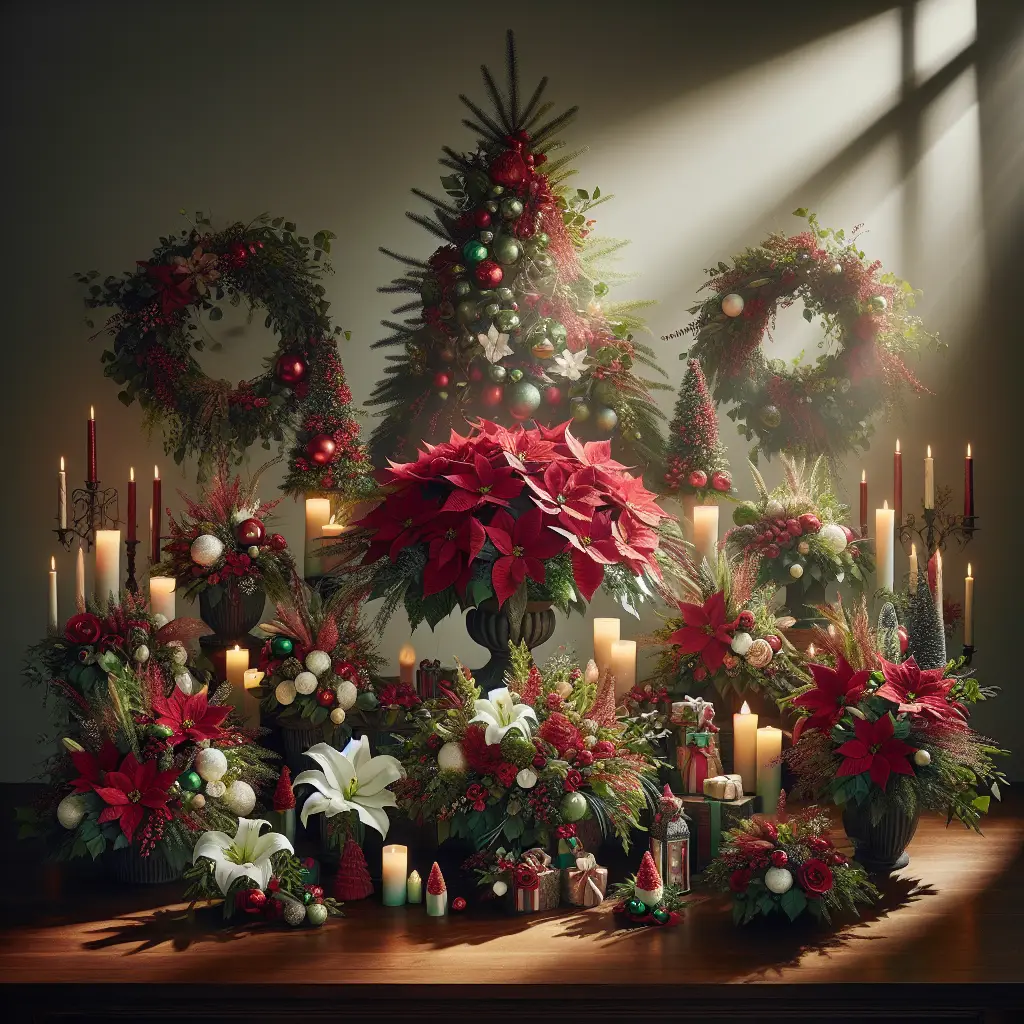 An image showcasing diverse festive and joyful Christmas floral arrangements. The main centerpiece is a grand traditional arrangement containing red poinsettias, white lilies, and green holly leaves, placed on a mahogany table. Surrounding this centerpiece are several smaller arrangements of varying styles and designs, adding depth to the scene. Notable additions include miniature pine trees adorned with tiny silver bells, a wreath of mistletoe, and a cascading arrangement of ivy and white roses. Everything is exquisitely illuminated with soft, warm lighting, creating an inviting and cozy atmosphere. Soft shadows dance around the scene, adding a touch of realism. No people, texts, brand names, or logos are visible in the image.