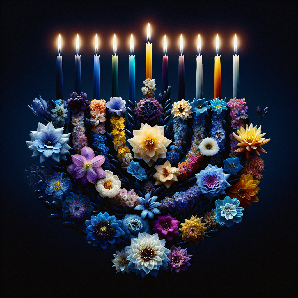 Dramatic presentation of colorful blossoms arranged in tone of Hanukkah celebration. At the center, a menorah made of flowers brightly glowing amidst a dark background. The individual flowers are depicted with varying colors, ranging from deep blues and purples to vibrant yellows and whites. Each candle on the menorah replaced with a delicate flower in bloom, their radiance resembling the soft glow of candlelight. The overall design embraces a festive blend of nature and tradition, thoroughly void of any human figure, text, or brand influence.