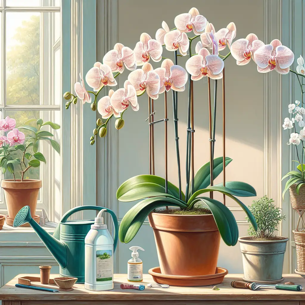 Illustration of a vivid, large moth orchid plant (Phalaenopsis species) in the indoor setting. The orchid should display widespread foliage and a tall stem adorned with elegant, butterfly-like flowers in shades of pale pink and white. In the surroundings are typical indoor plant nurturing equipment - a terra cotta pot, a watering can, a bottle of plant food, and a soft natural light seeping through a nearby window. The whole scene, without any human presence, should reflect an inviting and nurturing atmosphere for indoor plant growth. No text, brand logos or names are depicted in the visual.