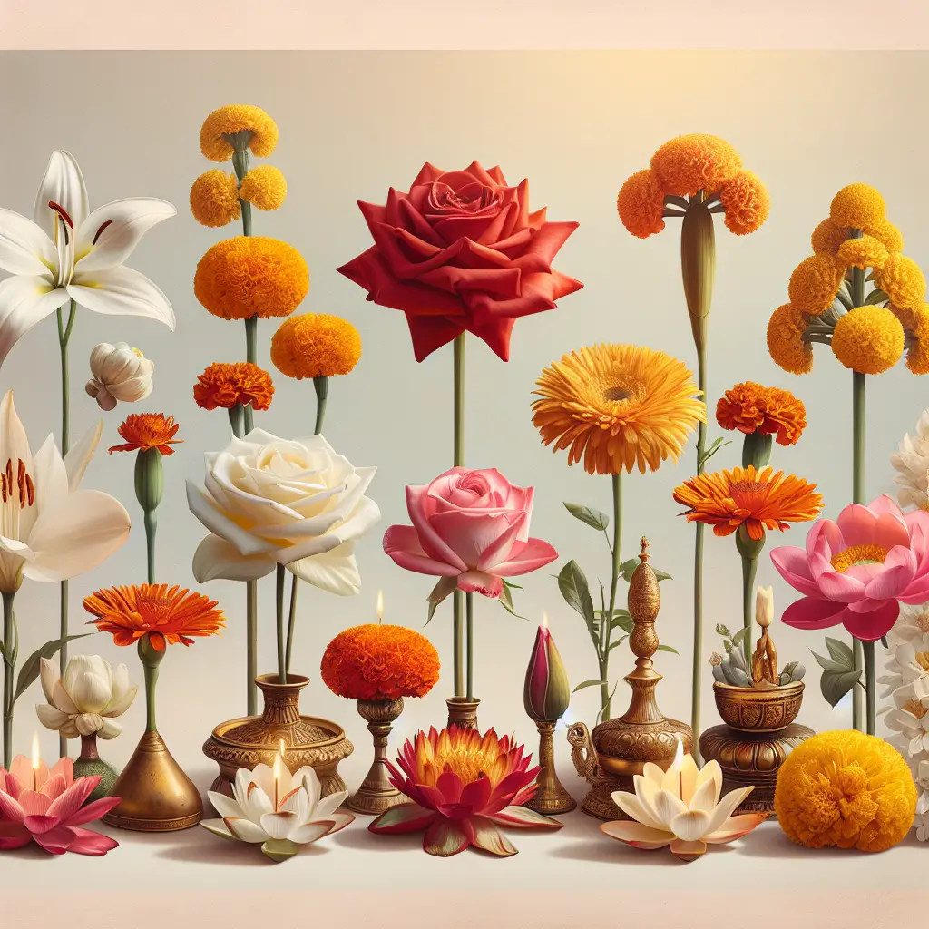 A display of a variety of flowers traditionally used in different religious ceremonies. From the left, feature a white lily representing peace, deep-red roses symbolizing love and sacrifice, marigolds in bright oranges and golden yellows symbolizing the sun and the spiritual eye, and finally, lotuses symbolizing purity and enlightenment. Each flower is showcased against a serene, light pastel background. The scene is light and airy, reminiscent of a warm, sunny day. The image presents a tranquil moment, with an emphasis on the beauty and symbolism of each flower, without any text, people, brand names or logos.