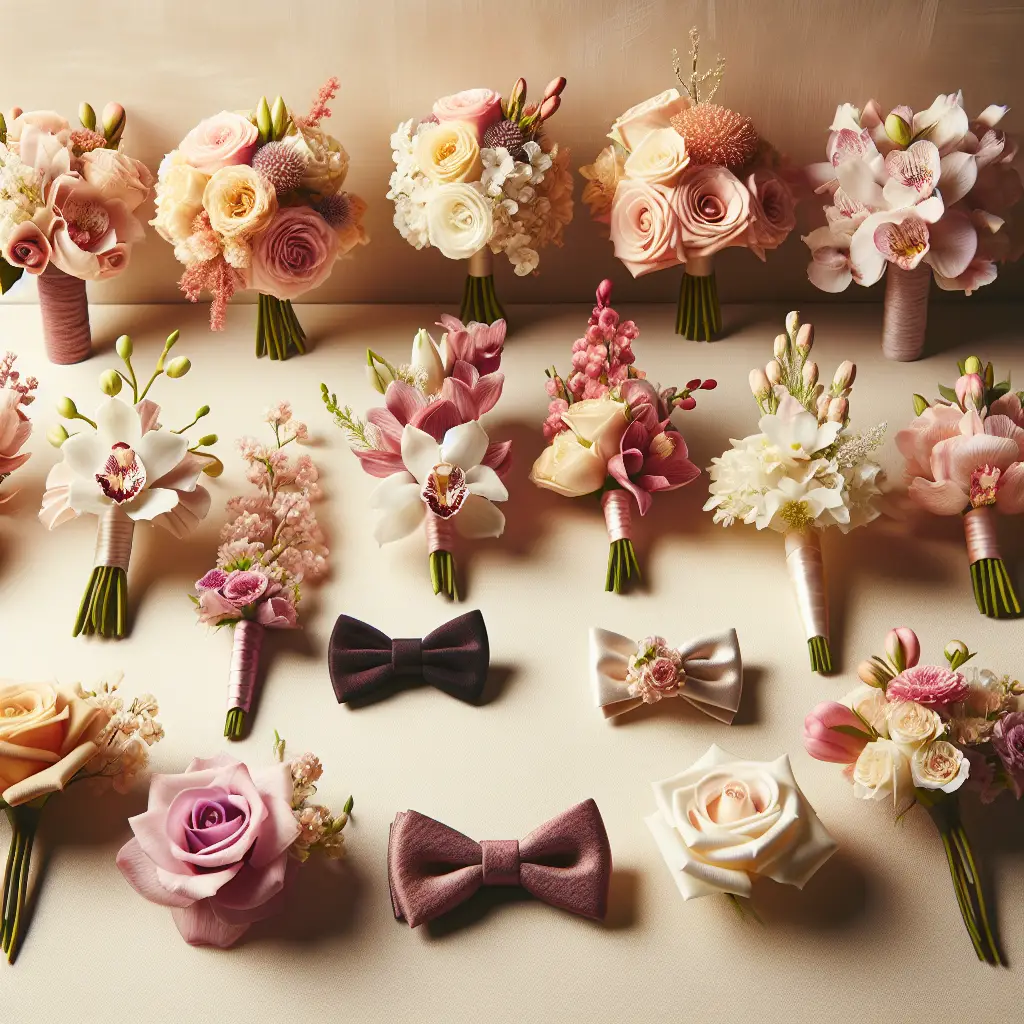 An elegant display of various corsages and boutonnieres for prom night. In the foreground, an array of corsages featuring different combinations of flowers such as roses, tulips, and orchids, in contrasting hues of pastel pinks, lilacs, and creams. Beside them are classy boutonnieres, matching to the corsages, showcasing simple design using a single prominent flower and a few smaller details. The backdrop is a neutral color enhancing the vibrant colors of the flowers. Note there are no brands, logos, people, or any form of text in the image.