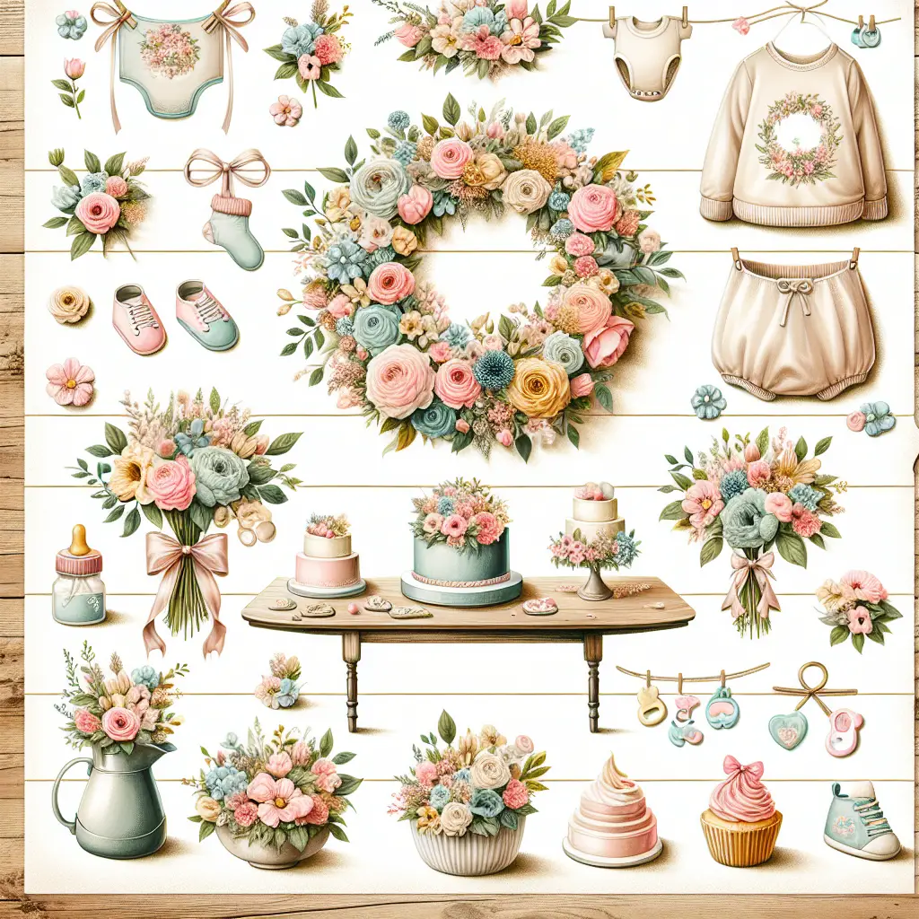 A baby shower setting illustrated with a variety of floral arrangements that represent the concept of welcoming new life. The central focus is a display of pastel-colored flowers: roses, tulips, and peonies arranged in a wreath on a wooden table. After this, add baby-themed elements subtly mixed in the floral compositions: such as tiny shoes, bibs, baby bottles, and pacifiers - all shaped from flowers or leaves. Additionally, imagine a dessert table with a cake adorned with edible flowers and cupcakes with flower-shaped icing, all elegantly arranged. There should be no people, text, brand names, or logos in the scene.