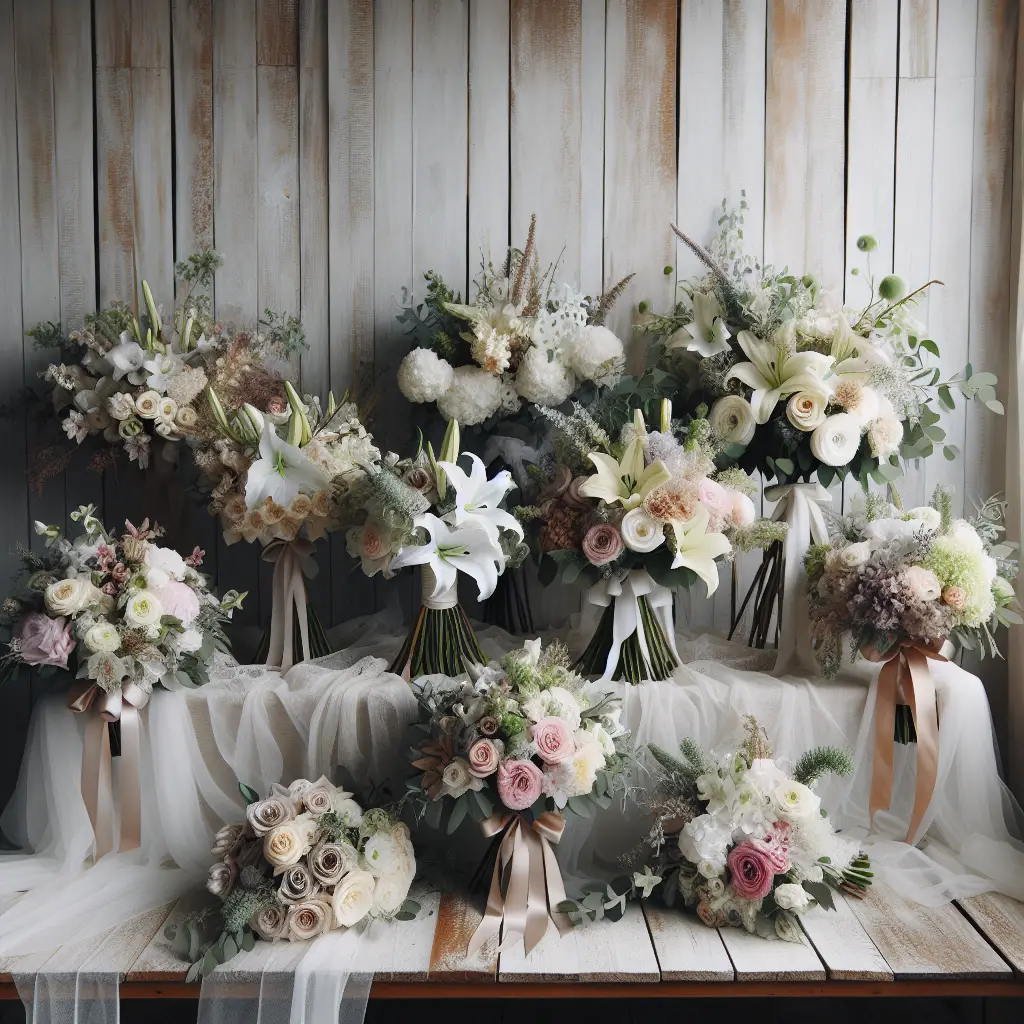 An image representing the concept of bridal shower bouquets without including any people, text or brand names. The image shows a collection of beautiful bridal shower bouquets made of various types of flowers like roses, lilies, hydrangeas, and orchids. The bouquets are displayed on a rustic wooden table decorated with soft, sheer white fabric and subtle bows. The color palette is dominated by whites, greens, and soft pastels. The lighting is soft and natural, creating a serene, romantic atmosphere.