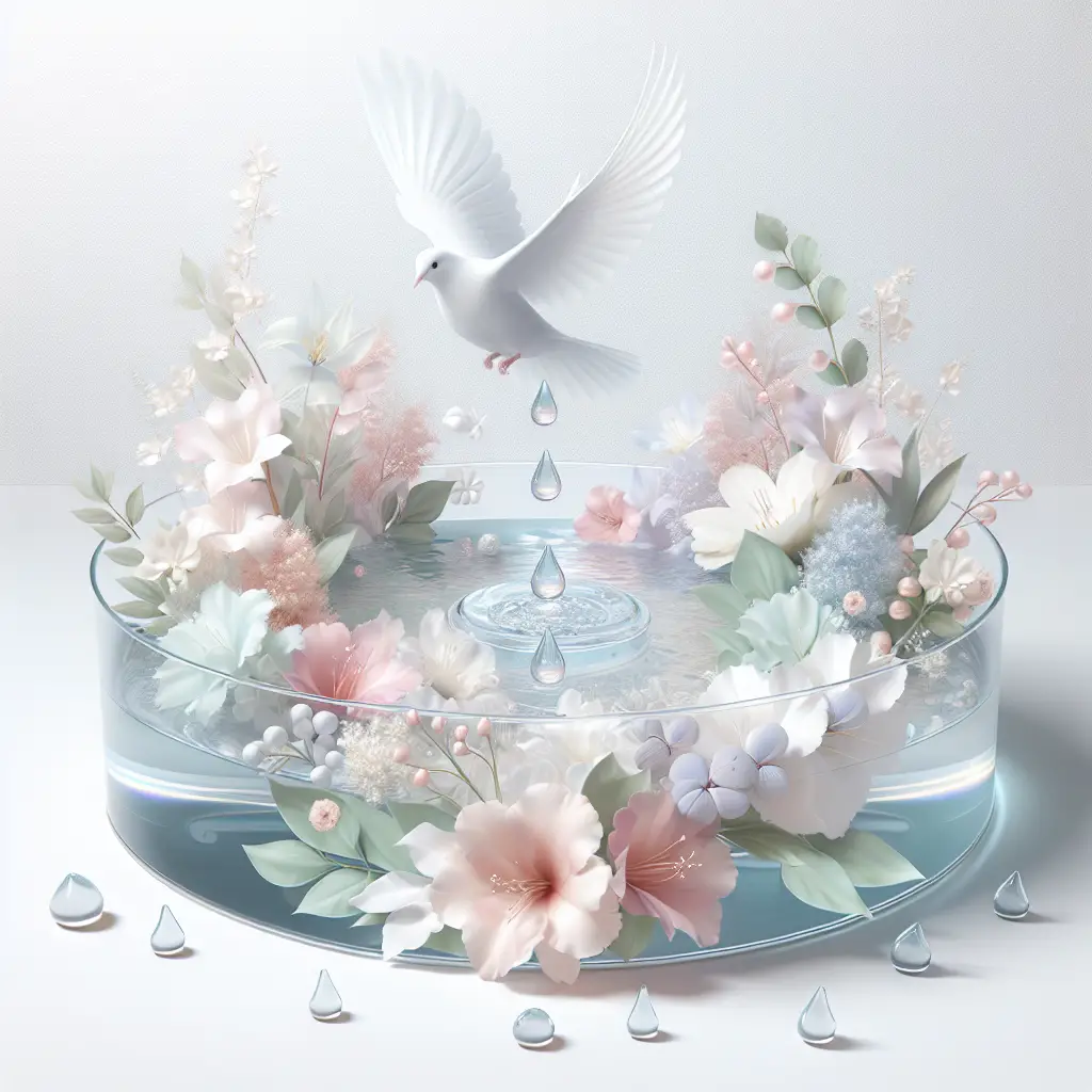 A visual illustration of a baptism scene represented symbolically, without any people or text. The image contains a pristine, white background symbolizing purity and innocence. It's adorned with an array of delicate, soft-hued flowers in colors such as pastel pink and soft sky blue. Nestled among the flowers are clear droplets of water, representing the baptismal waters. A white dove, symbolizing the Holy Spirit, is in flight, spreading its wings overhead the flowers. There are no brand names, logos, or any form of text present in the scene.