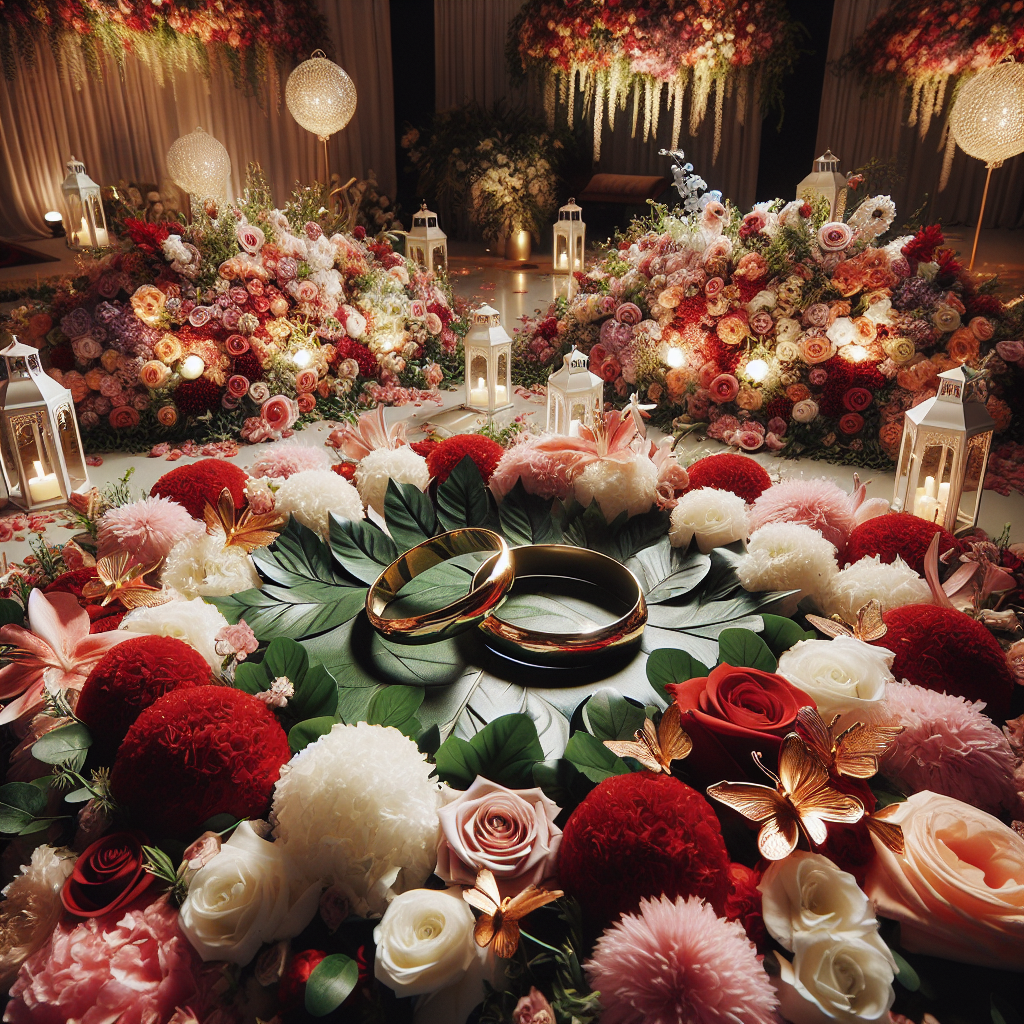 A grand and romantically adorned space capturing the essence of an engagement celebration. In the middle, two intertwined rings made of gold rest upon a bed of lush green leaves, symbolizing unity. Around them, an explosion of vibrant florals: roses, peonies, and lilies in luxuriant hues of red, pink and white stretch out across the scene, their sweet perfume filling the air. Scattered amongst the floral arrangement, delicate white lanterns softly glow, their light casting enchanting shadows. A touch of whimsy is added by a scattering of butterflies fluttering among the flowers. The whole scene exudes warmth, love, and the joy of celebrating a special occasion.