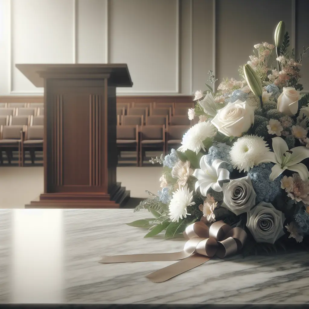 An arrangement of funeral flowers placed thoughtfully on a marble surface. The bouquet consists of roses, lilies, chrysanthemums, and other traditional funeral flowers in a gentle mix of whites and pale blues. There's a soft ribbon gently twisted around the base of the bouquet. In the background, partially blurred, an empty wooden podium gives a sense of solemnity. Light filters in from a nearby window, casting a peaceful glow on the flowers. Everything is tastefully arranged, meticulously showcasing a variety of textures and shades. There are no people, text, or brands in the scene.