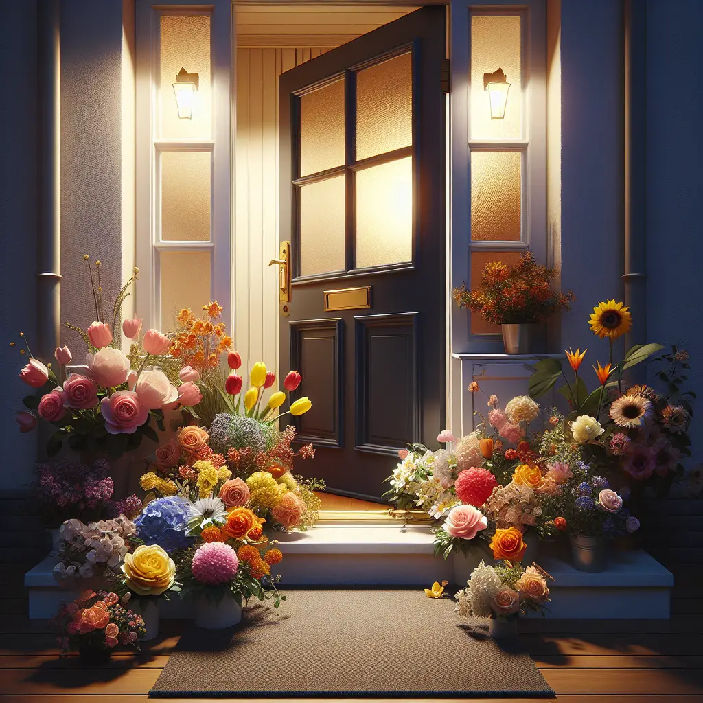 An inviting scene of a well-lit front doorstep of a cozy house. On the doorstep, there is a colorful assortment of various types of flowers such as roses, tulips, daisies and sunflowers. The entrance door is partially open, beckoning the viewer in, and a warm, inviting light spills out from inside. There are no external logos, brands, or text visible anywhere in the picture. There are no people present in the image, just an ambient and welcoming atmosphere filled with blooming flowers, signifying a hearty homecoming.