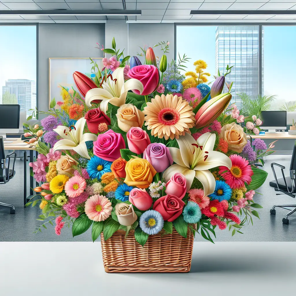 An assortment of vibrant and fresh flowers like roses, tulips, lilies, and daisies in varying colors arranged beautifully in a wicker basket. These flowers are traditionally associated with good luck and new beginnings. In the background, there's a decorated space indicating an office setting with no brand names or logos. We can see a desk, a chair, an indoor plant, and a large window showing a clear blue sky. The entire setting exudes the excitement of a new business inauguration without any textual or human elements.