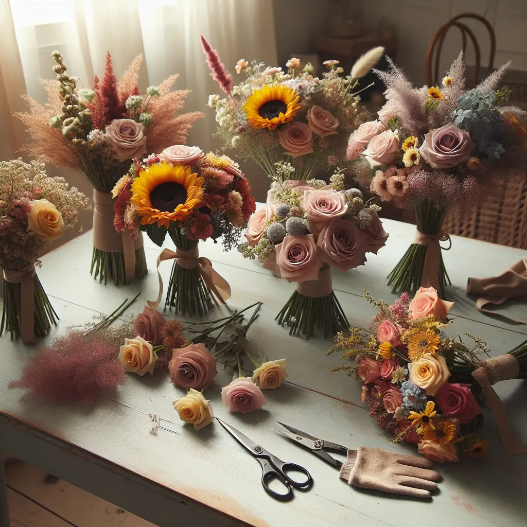 An array of delicately arranged flower bouquets placed on a light wooden table. The bouquets each have a different character: one made from cheery sunflowers, another composed of elegant roses of various colors, and the third one a rustic blend of wildflowers. Soft, natural light illuminates the scene, making the flowers' colors pop. A pair of simple, unbranded gloves and scissors rest next to the floral arrangements, symbolizing the thought given before making the final selection.