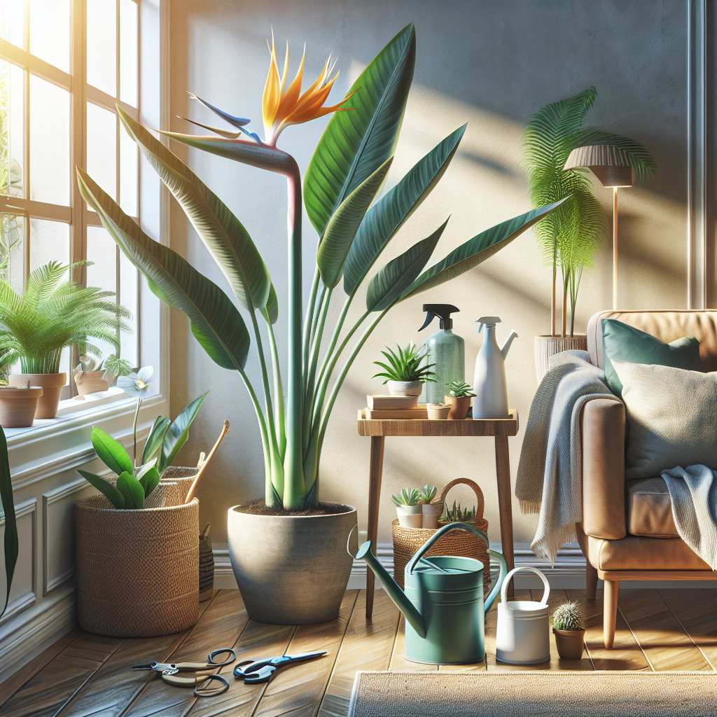 A detailed interior scene showcasing a well-maintained Bird of Paradise (Strelitzia) plant thriving inside a house. The Strelitzia is positioned near a sunlit window, demonstrating optimal indoor care conditions. Nearby, there's a watering can, a pair of pruning shears and a spray bottle on a small wooden table, indicating regular maintenance practices. The home setting is tastefully decorated, with cozy furniture surrounding the plant, and without any presence of people, text, or brand names.