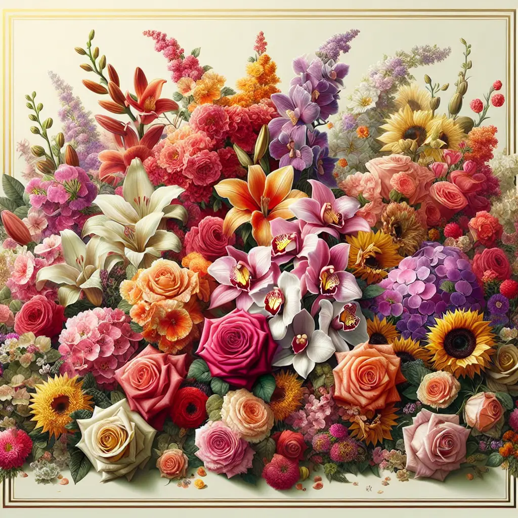 A spectacular arrangement of various flowers often associated with success and achievement. This includes roses, orchids, lilies, and sunflowers, all vibrantly colored and arranged with care. The peripheries of the image are adorned with subtle gold trim for an added touch of opulence. The background is a soft off-white shade, not detracting from the colorful spectacle of the flowers. The image gives an overall warm and celebratory ambience, resonating with the feeling of achievement and advancement.
