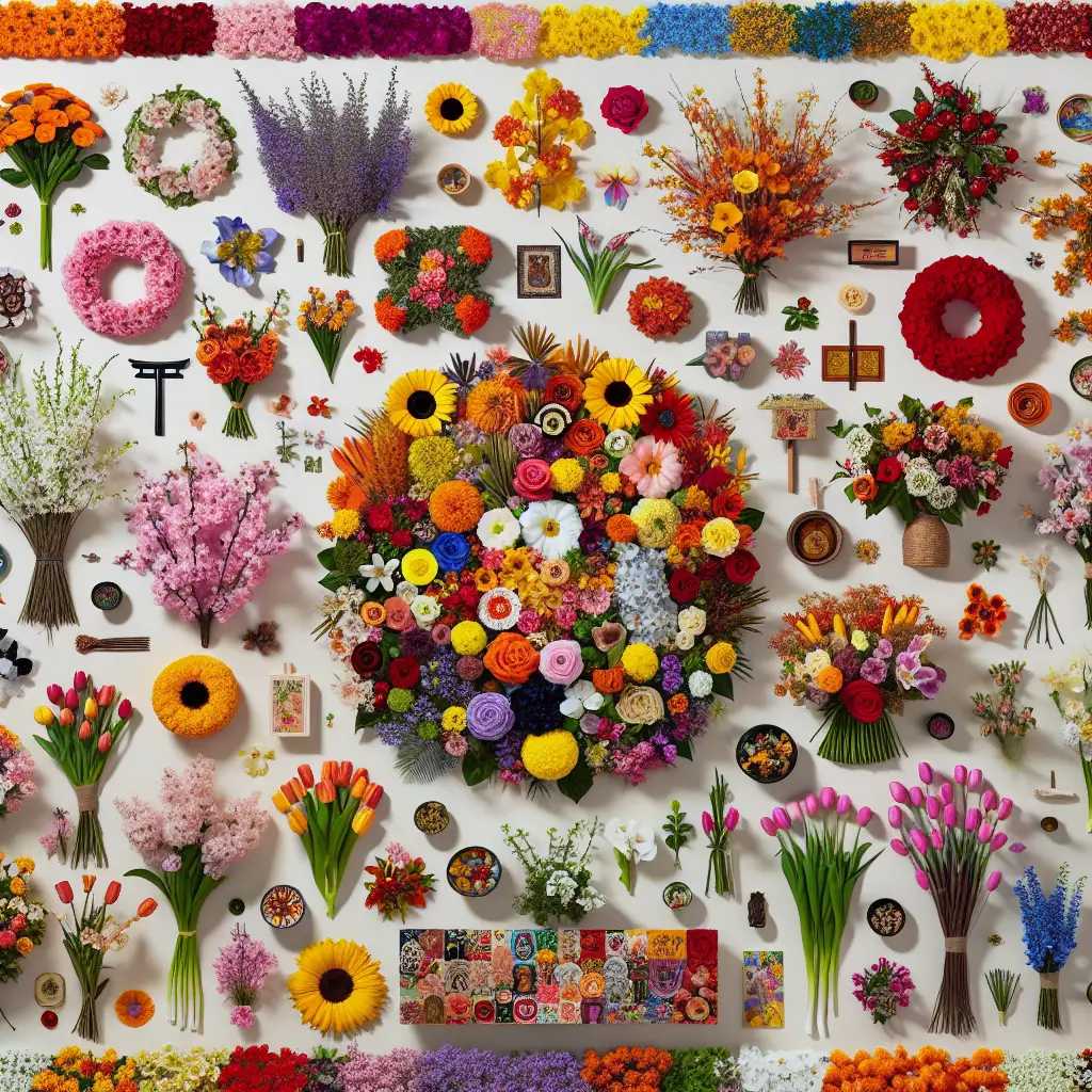 An assortment of colorful native flowers arranged in a traditional manner symbolizing various global cultural celebrations, without the presence of any human figures. Every corner of the display celebrates a different tradition, like the marigold for the Day of the Dead in Mexico, cherry blossoms for Hanami festival in Japan, roses for St George's Day in England, and tulips for Nowruz in Iran. There are no visible brand names, logos, or textual elements, just a vivid tableaux of botanical abundance, tradition, and global diversity.