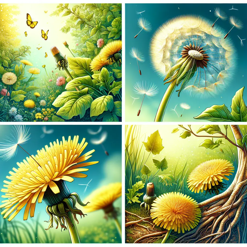 A vibrant illustration focusing on dandelions. Picture the foliage, the yellow petals, and the iconic white seed head in full detail. Use soft, natural lighting to convey a serene environment. Show close-ups of the stem, leaves and fully-opened flower, as well as a partially and fully blown seed head floating in the wind. Also depict dandelion roots breaking through the soil. Surround them with a soothing and peaceful nature background, like a green meadow under a clear sky. Ensure there are no humans, text, or brand logos in the scene.