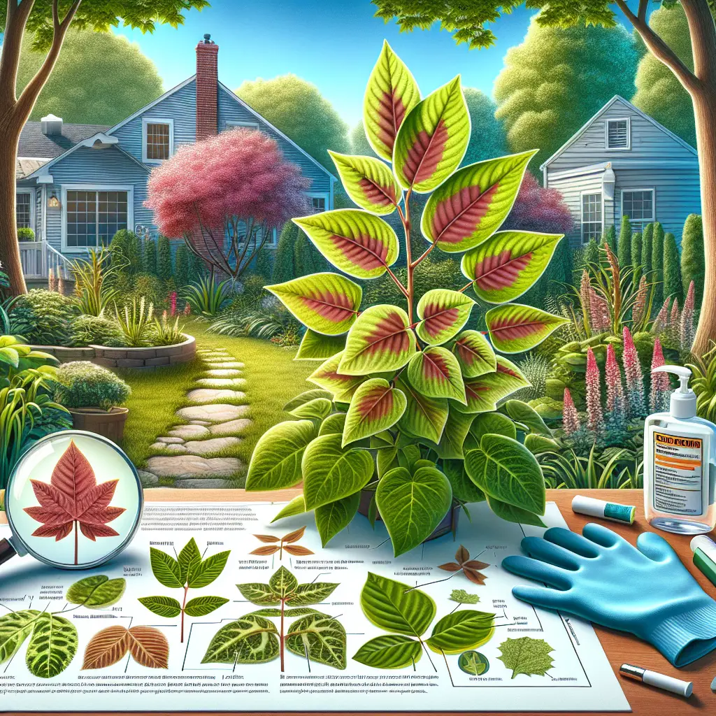 An illustrative and informative image showcasing different stages and variations of poison ivy to aid in identification. The image presents a suburban backyard scenario, filled with typical plants and trees. Also featured is a magnified section that spotlights the typical features of poison ivy - leaves of three, pointed tips, and color variations across seasons. Additionally, a pair of gloves and a bottle of clear, unbranded lotion serve as symbols of safety measures. The overall light is daylight to make every element visible and clear, helping in the further understanding of the plant.