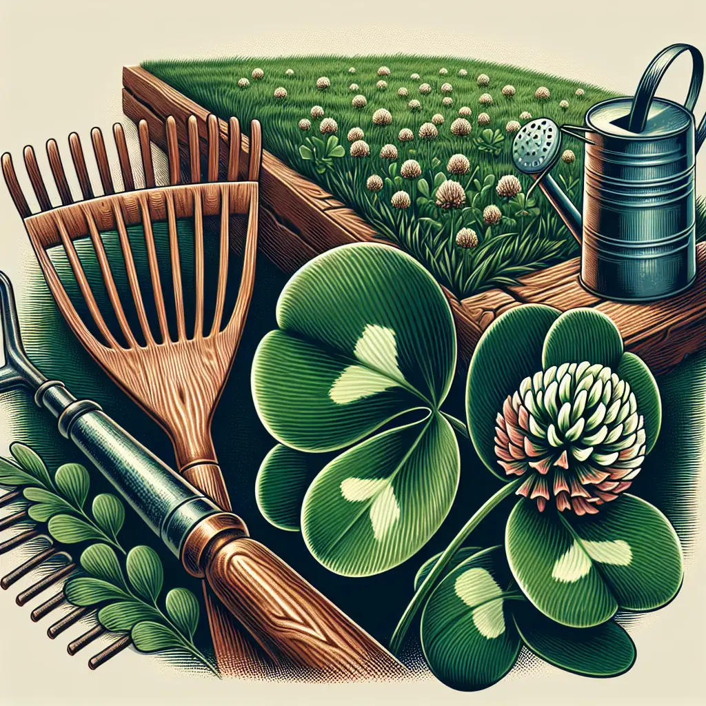 A close-up illustration of a common clover leaf, showing the distinct three leaflets and small, white spherical flowers typical of the species. Alongside it, a wider, beautifully manicured green lawn with visible patches of clovers proliferating. There are also tools for lawn care including a rustic, unbranded wooden rake and an old-fashioned, unbranded metallic watering can. The setting is in daytime, providing a warm, sunny ambiance. There are no humans or text involved in the scene, adhering to a tranquility that allows a focus on the clover and lawn care elements.