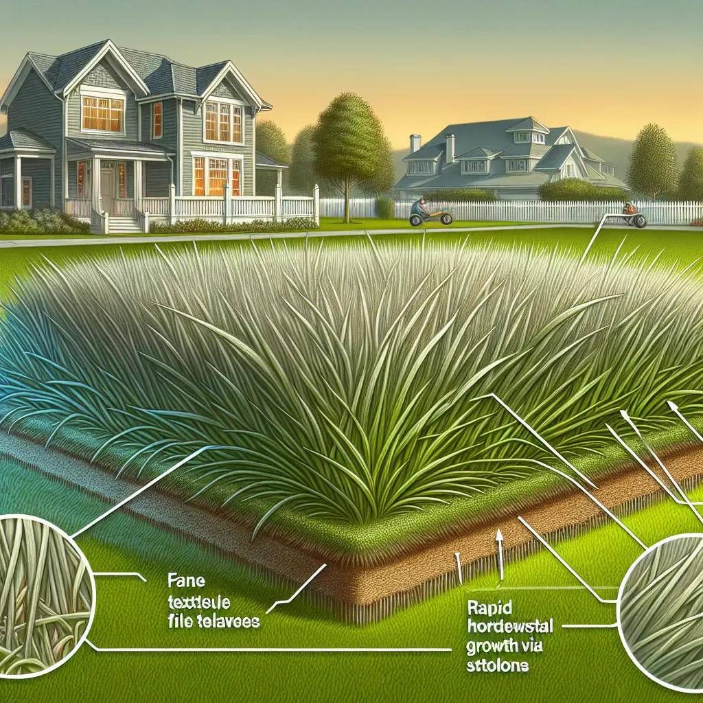An illustrative image showcasing Bermuda grass covering a vast lush lawn. The image gives a close-up view of the grass where its characteristic grey-green color, fine texture, and the flat, hairy leaves could be easily discerned. There are also parts of the image that place emphasis on the rapid horizontal growth of the grass via stolons. In the background, the depiction of a residential house surrounded by a white picket fence. The sky is clear with a warm sunset hue providing an idyllic suburban setting. All of these elements combined, gives a comprehensive visual guide on recognizing and maintaining Bermuda grass.