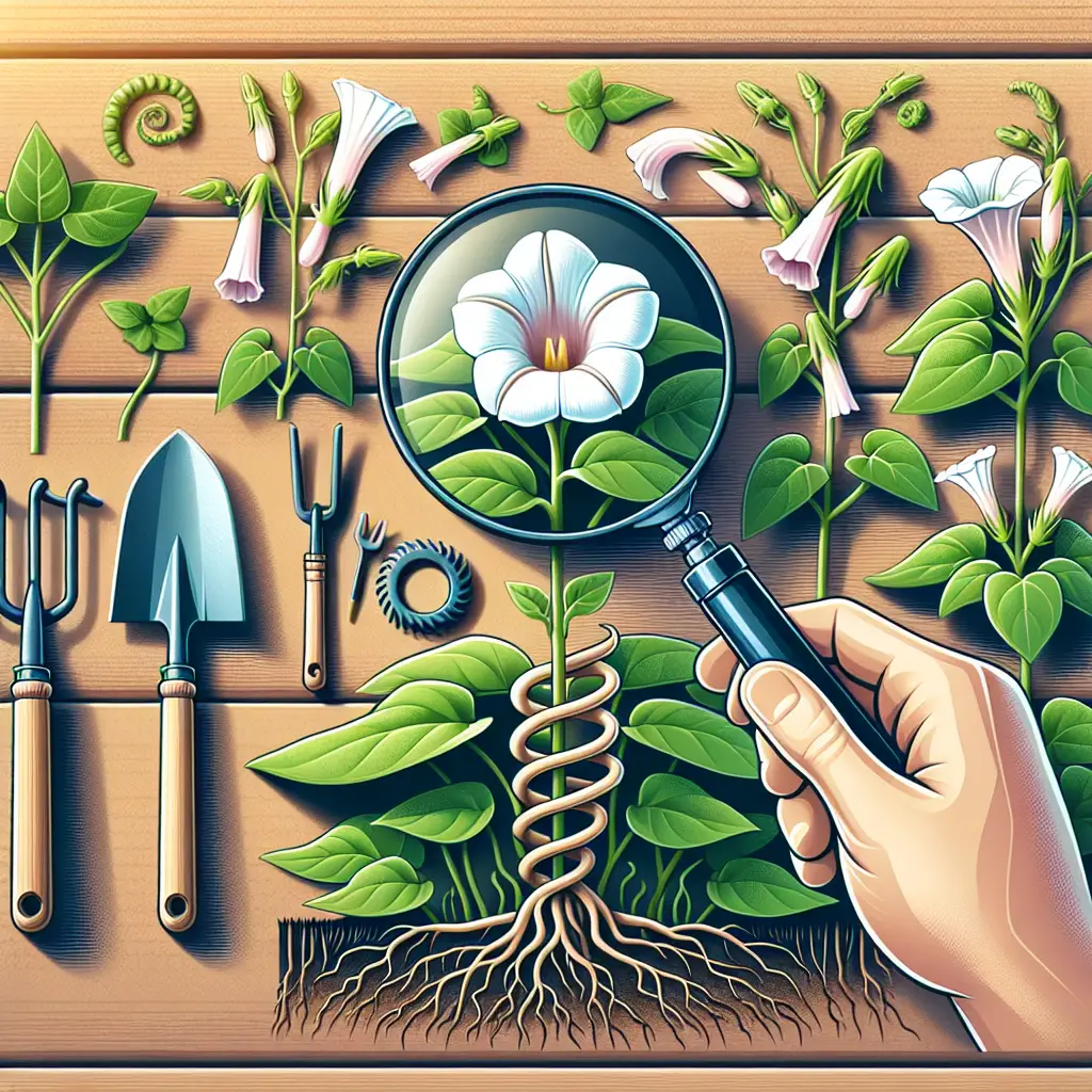 An informative guide image for gardeners focusing on bindweed. In the foreground, there's a hand holding a magnifying glass inspecting bindweeds, showcasing its distinctive spiral stem and white trumpet-shaped flowers. The background features more of these plants spreading over a garden fence. To the side, a set of gardening tools including gloves, a hand rake, and a cultivator lie idle to symbolize action against the invasive bindweed. Remember, the image should be void of any text, brand names, logos, or human figures.