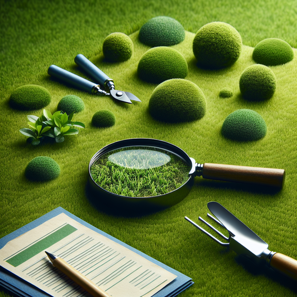 A well-maintained, lush, green lawn. Amidst the sea of green, hints of a different texture and color signify the existence of moss. The moss is visible in patches, creating a distinct contrast with the smooth lawn. A magnifying glass, isolated, is on the side, symbolizing the need to identify the moss. Next to it, a set of generic gardening tools implies management and care. There are no people, textual references, or brand names in the image. The overall mood is informative and focuses on the common issue of lawn maintenance.