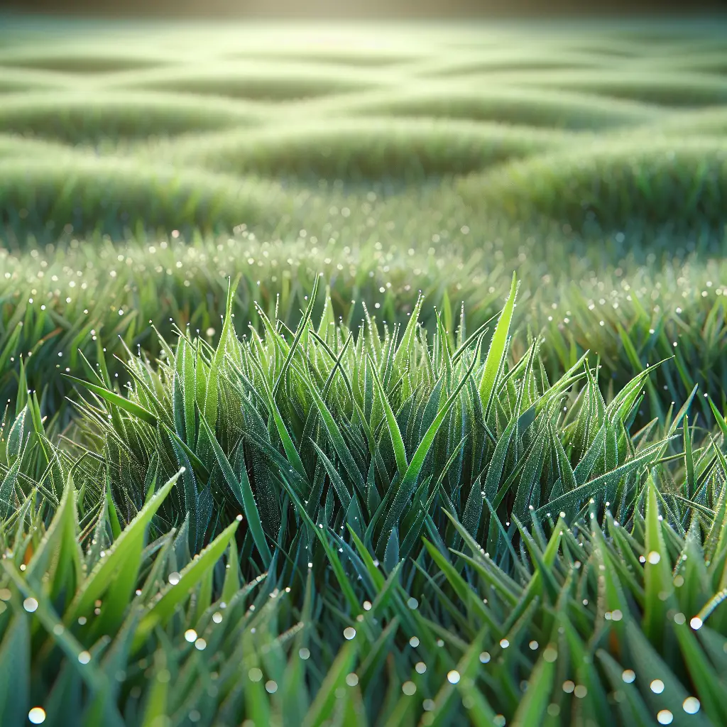 Visualize a close-up image of lush, healthy Kentucky Bluegrass spread across an expansive lawn. The image details intricate features of this grass type - its mid-green color, boat-shaped leaf tips, and dense growth pattern, which contributes to a smooth, carpet-like appearance. The grass stands under the soft glow of daylight, magnifying the tiny dew drops on its surface, while also showcasing a faint bluish tint that gives the Kentucky Bluegrass its name. Include few sporadically placed garden tools to indicate the maintenance and care for the lawn, but without displaying any brand names or logos.