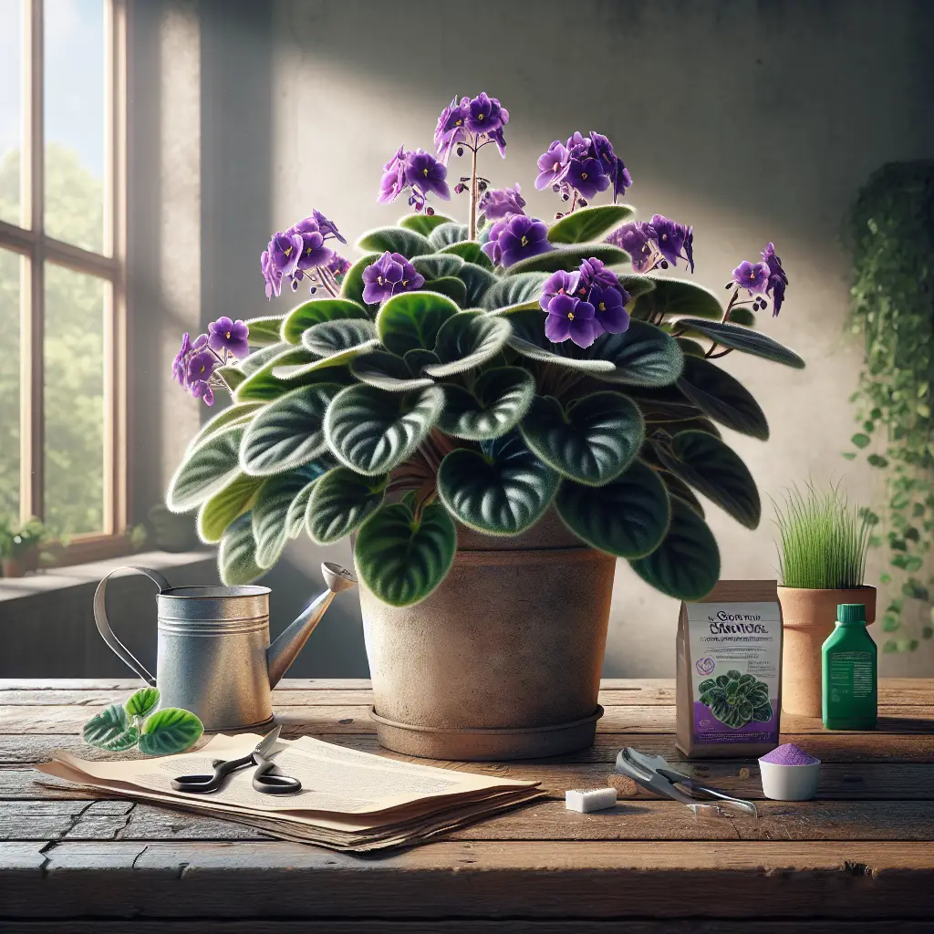 An indoor setting with a blooming African Violet flourishing in a non-branded pot on a rustic wooden table. The plant is thick with velvety leaves and multiple vibrant purple blooms. Nearby, basic care items like a small watering can, a fertilizer pack, and a pair of pruning scissors are shown. Ambient sunlight seeps into the room illuminating the scene and an open window in the background shows a subtle view of greenery. No people or text appear in the scene.