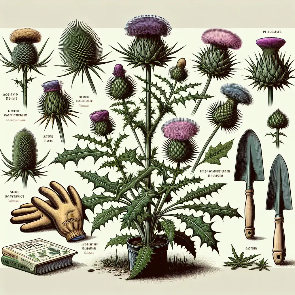 An illustration highlighting different varieties of the thistle plant, emphasizing their unique prickly characteristics and identifying features. The plants should be depicted in their natural habitat, with focus on leaves, flowers, and spines for each type of thistle. A pair of gardening gloves, a small shovel and botanical guidebook are placed nearby. Avoid using brand names or logos on any items and do not include any text in the image.