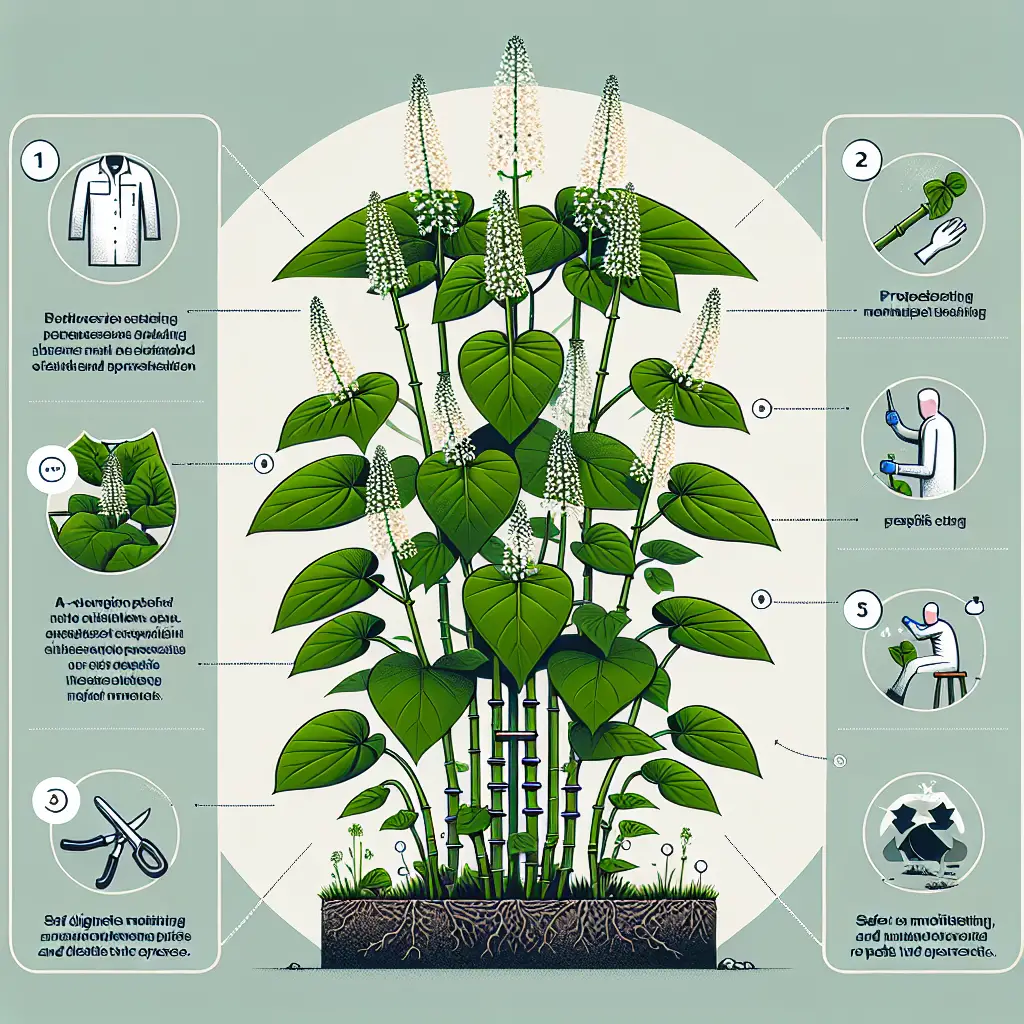A detailed, infographics-style depiction of a Japanese Knotweed plant, showcasing its distinct characteristics - heart-shaped leaves, bamboo-like stems, and small, creamy white flowers. It grows in a wild, dense clump suggesting an unruly and invasive nature. Beside it, a step-by-step visual guide for its eradication: starting with protective clothing, followed by a precise cutting of the plant at its base, safe disposal of the plant material, and finally, a repetitive cycle symbol to indicate diligent monitoring and repeat of the process. No people, text, brand names, or logos are included in the image.