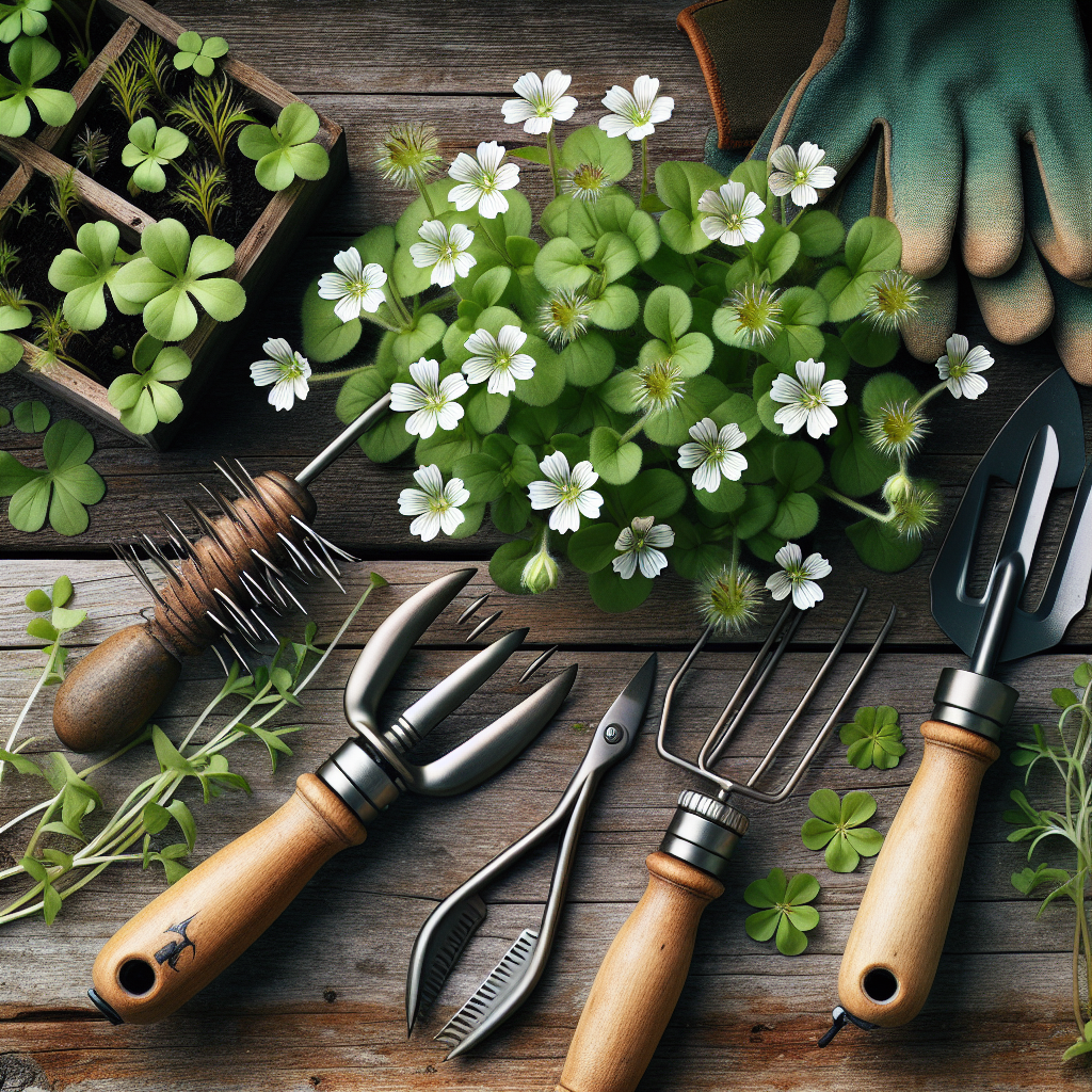 A detailed close-up image displaying the unique characteristics of Chickweed, commonly known as Stellaria media. The plant exhibits its identifiable traits such as the oval, green leaves and clusters of small, white, star-shaped flowers. Beside the Chickweed, there are various practical tools for control and eradication, like a hand weeder, aerator, and garden gloves. All these items are spread out on a rustic wooden table in an outdoor setting. The table does not have any brand names or logos, and the image is void of any humans or animals.