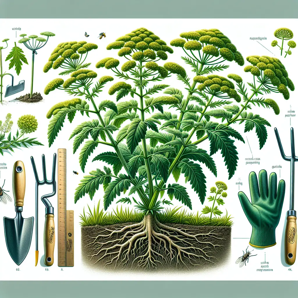 A detailed study of a ragweed plant, showcasing its distinct features such as the frilly green foliage and drooping clusters of small yellowish-green flowers. The image also includes an illustrated depiction where the root system of the plant is shown, educating about its robust nature. The image also features a set of garden tools like a weeder, spade, gloves and a garden fork placed on the side, suggesting the concept of managing and removing the ragweed plant without showing any brand names or logos. It's a sunny day and the garden backdrop suggests the ragweed's habitat.